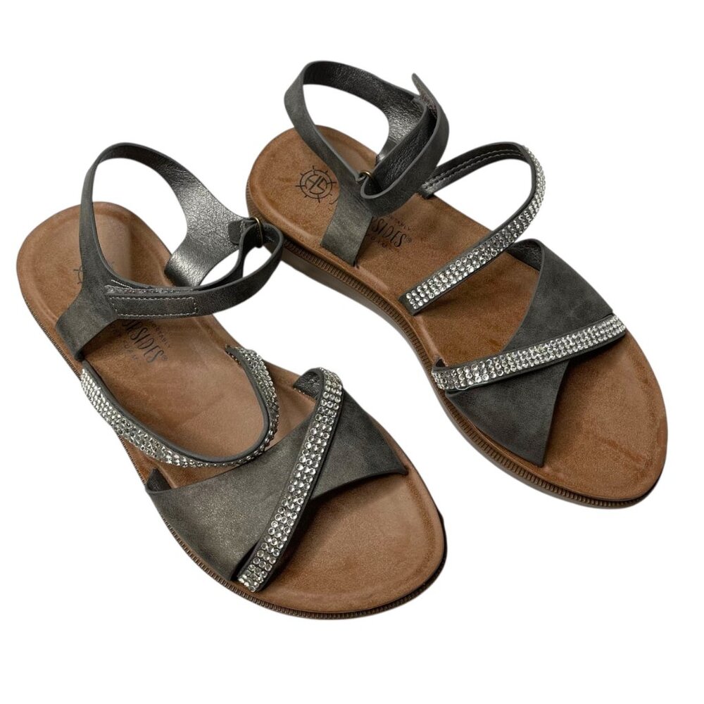 Harborsides Womens Inaya Metallic Strappy Rhinestone Flat Sandals 10 M